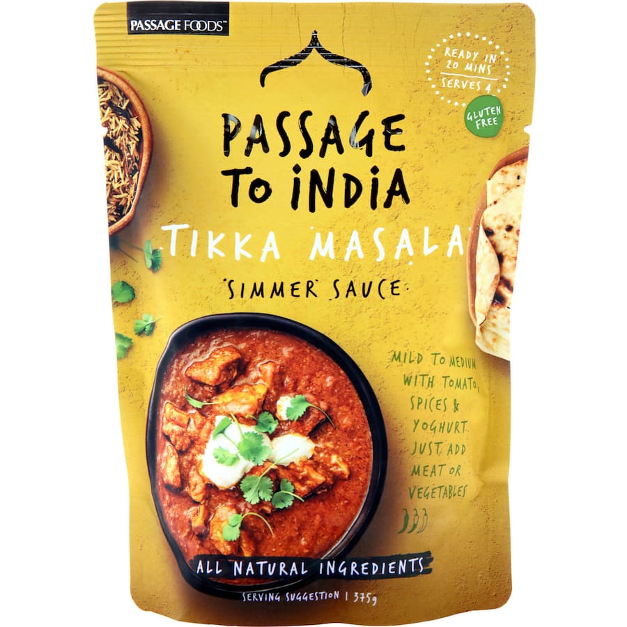 Authentic Passage To India Tikka Masala Sauce featuring tomatoes, onions, and yogurt for a mild, flavorful curry.