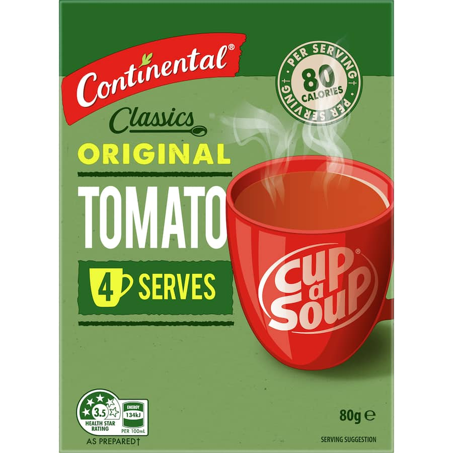 Continental Classics Original Tomato Cup A Soup: savory, low-calorie snack made with sustainably grown tomatoes, easy preparation.