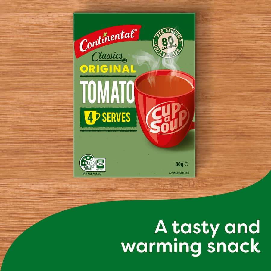 Continental Classics Cup A Soup Original Tomato, a low-calorie, flavorful soup made with sustainably grown tomatoes, just add boiling water.