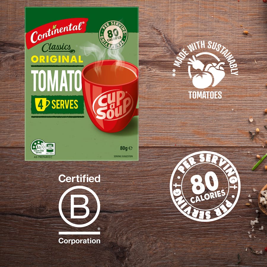 A steaming cup of Continental Classics Original Tomato soup, made with sustainably grown tomatoes and just 80 calories per serving.