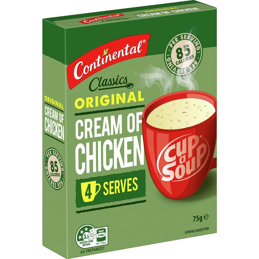 Continental Classics Cup A Soup Original Cream Of Chicken, a quick, creamy soup with 85 calories and a 3.5 Health Star Rating.