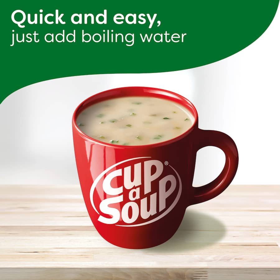 Creamy chicken soup in a cup, low-calorie snack, easy to prepare with just boiling water. Perfect for any meal or craving.