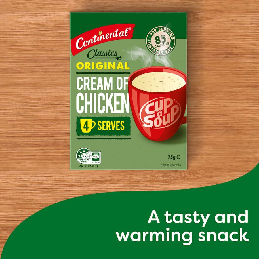 A warm bowl of Continental Classics Cream Of Chicken soup, made with quality ingredients for a quick, low-calorie snack.