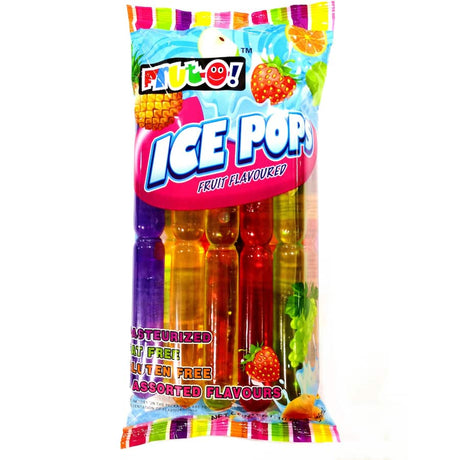 Colorful Frut O Ice Pops in 6 fruit flavors, perfect for summer fun and guilt-free snacks for all ages.