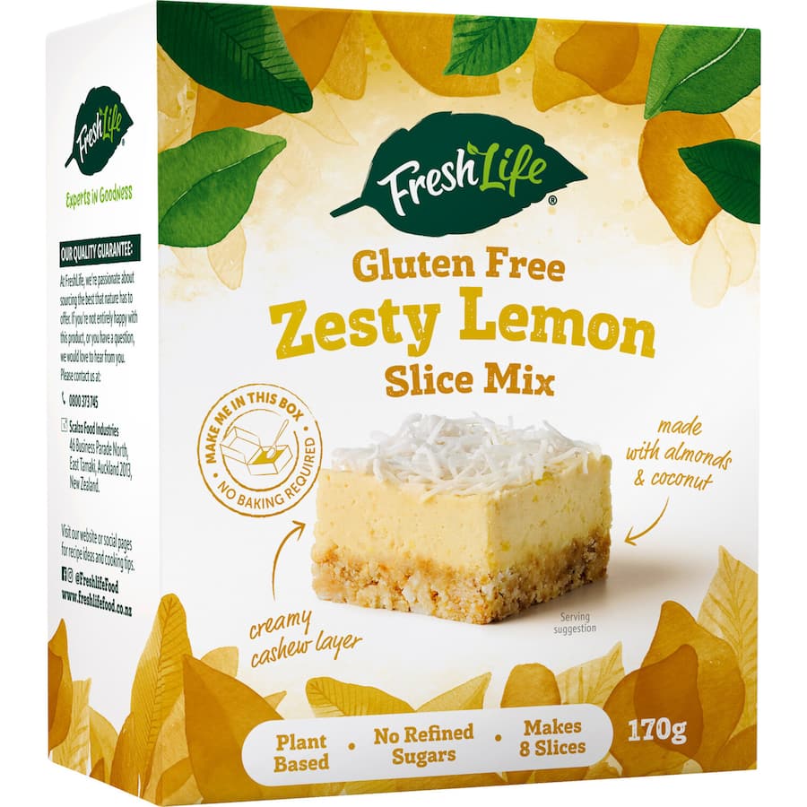 Freshlife Slice Mix Zesty Lemon Gluten Free, a no-bake, plant-based treat with almonds, coconut, and a vibrant lemon flavor.