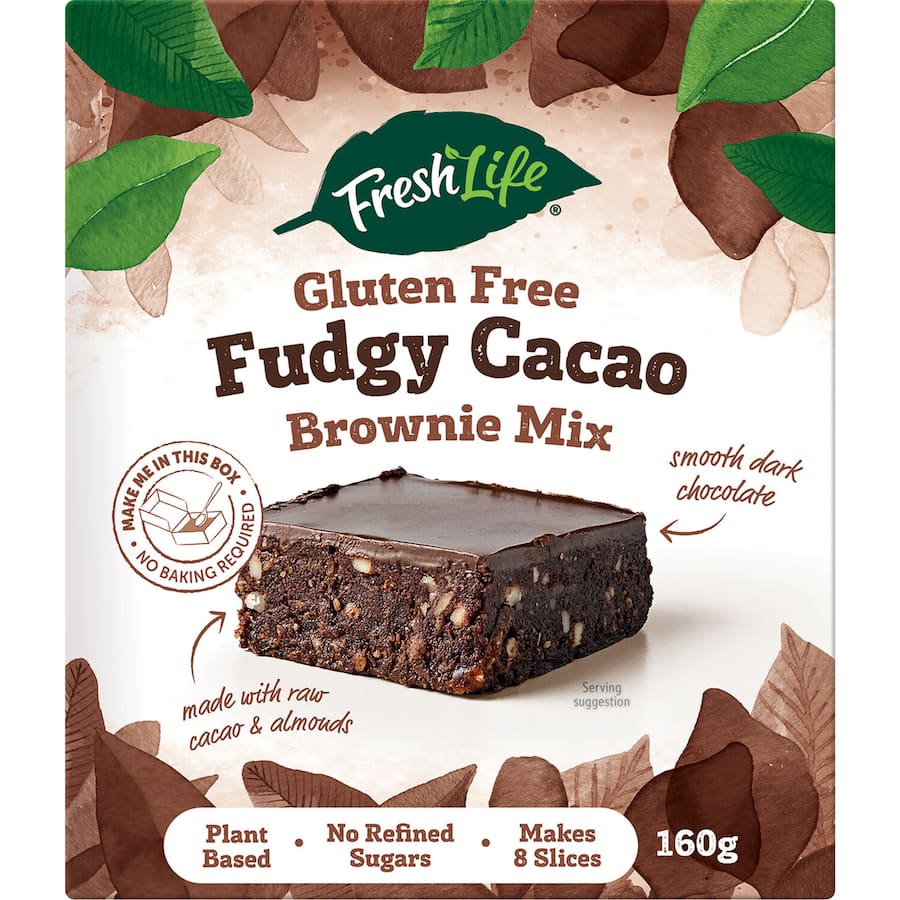 Gluten-free Freshlife Slice Mix Cacao Brownie, a no-bake, plant-based treat with almonds and cacao for guilt-free indulgence.