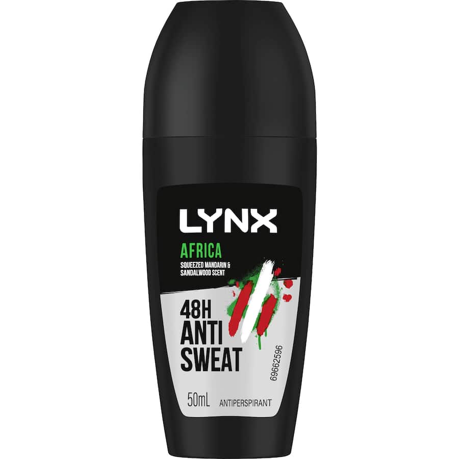 Lynx Men Antiperspirant Roll On Africa features a blend of warm spices, offering 48-hour sweat protection and a popular masculine scent.
