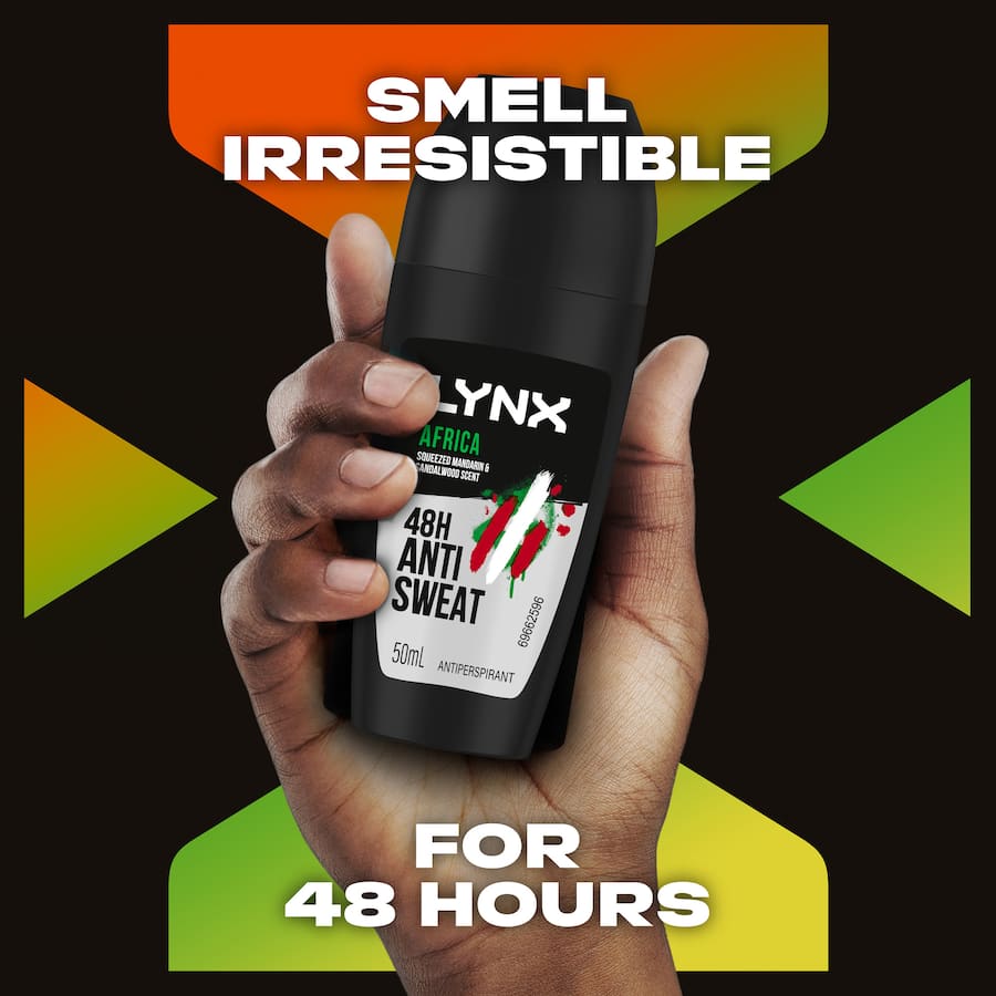 Lynx Men Antiperspirant Roll On Africa featuring an exotic scent blend, offering 48-hour sweat protection for the modern man.