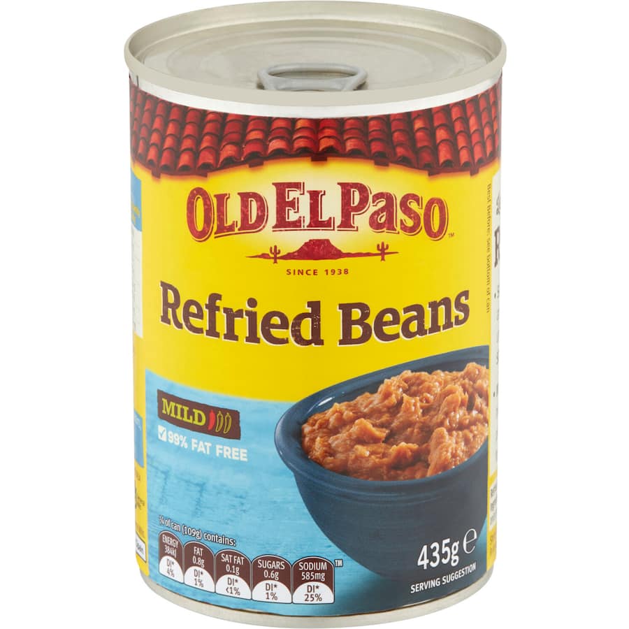 Delicious Old El Paso Mexican Refried Beans made with pinto beans and traditional spices, perfect for tacos and enchiladas.