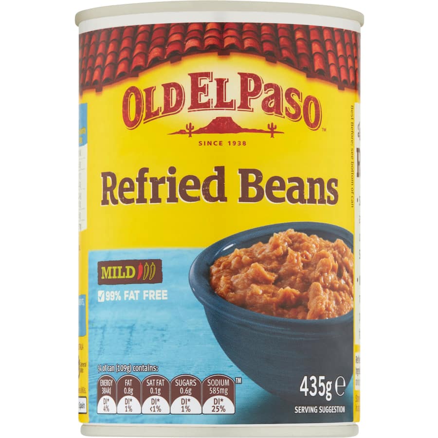 Creamy Old El Paso Mexican Refried Beans made from pinto beans and spices, perfect for tacos, nachos, and vegetarian meals.