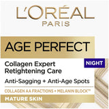 Hydrating night cream from L'Oreal Paris, designed for mature skin to reduce age spots and enhance elasticity.