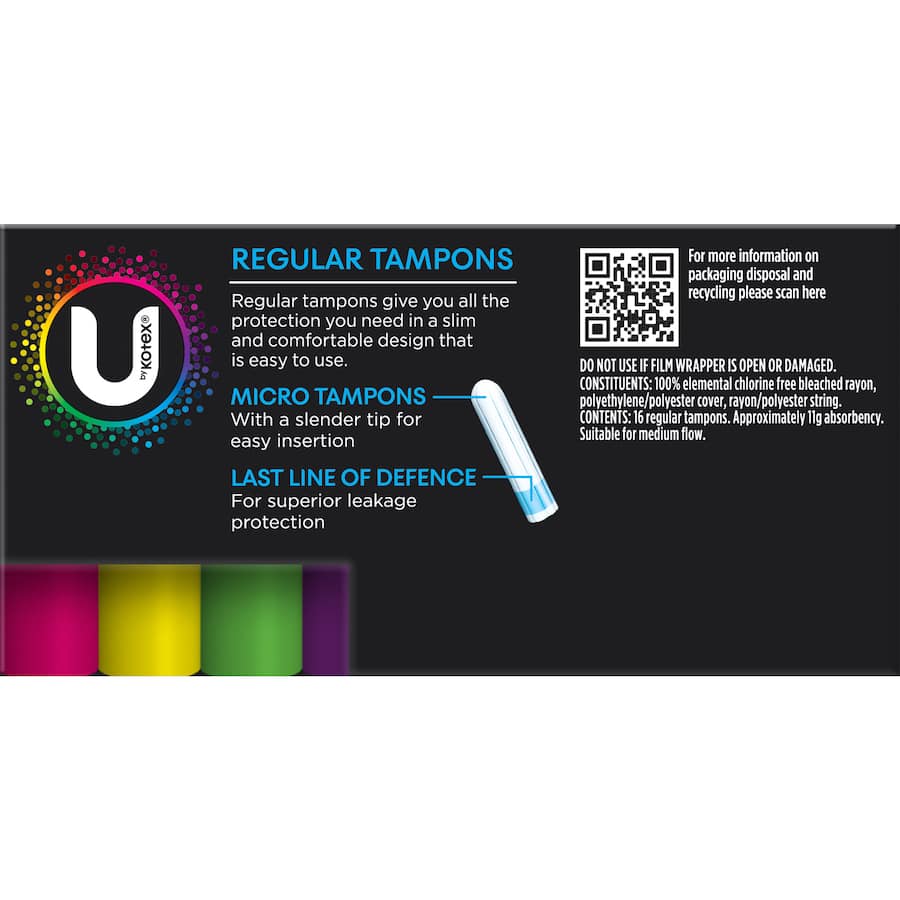 U by Kotex Regular Tampons with smooth applicator for comfort, reliable leak guard, and optimal absorbency during menstrual cycles.