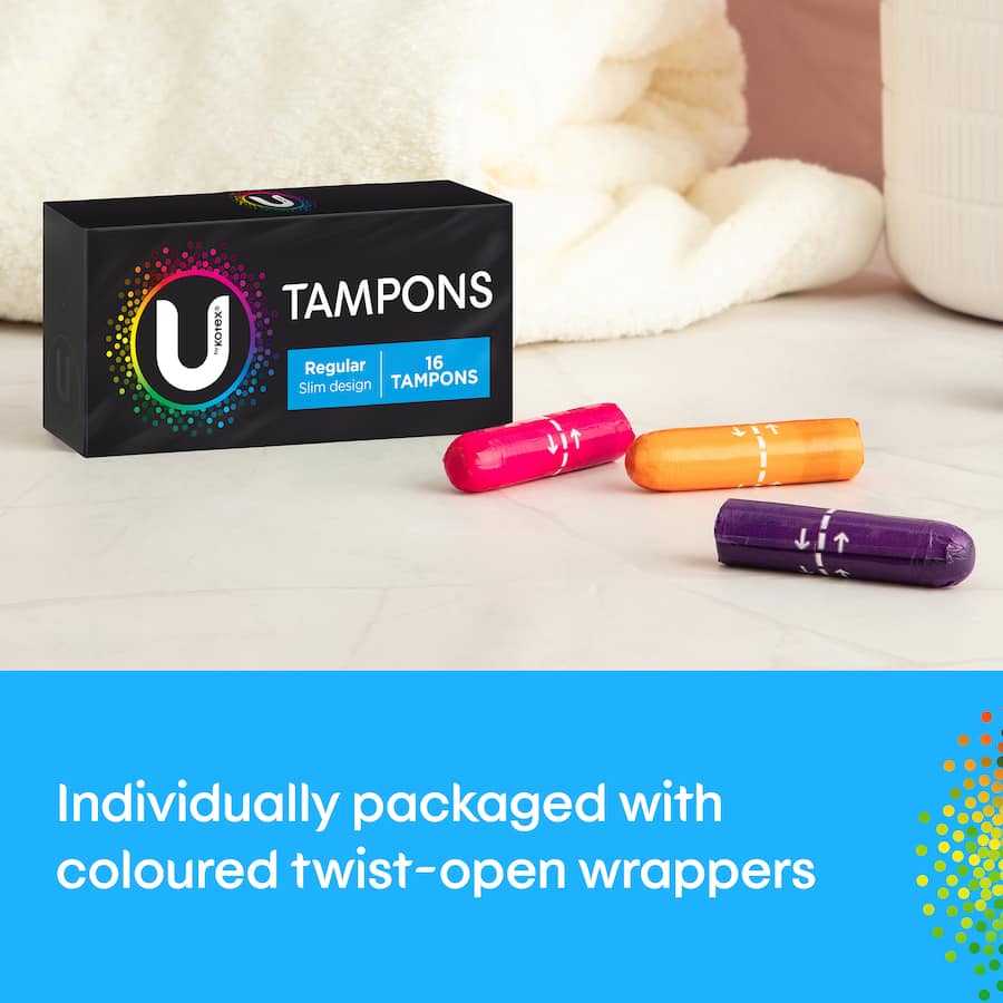 U by Kotex Regular Tampons featuring smooth applicator, reliable leak guard, and soft material for optimal comfort and absorbency.