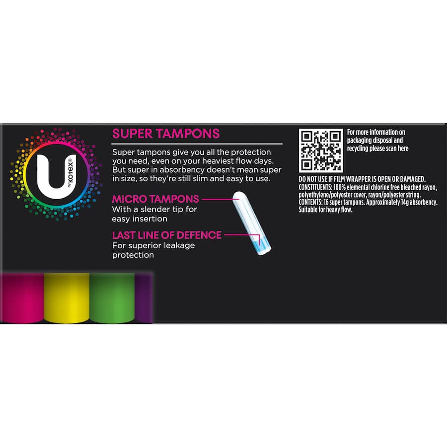 Ultra-absorbent U by Kotex Tampons Super with smooth applicator and LeakGuard technology for reliable period protection.