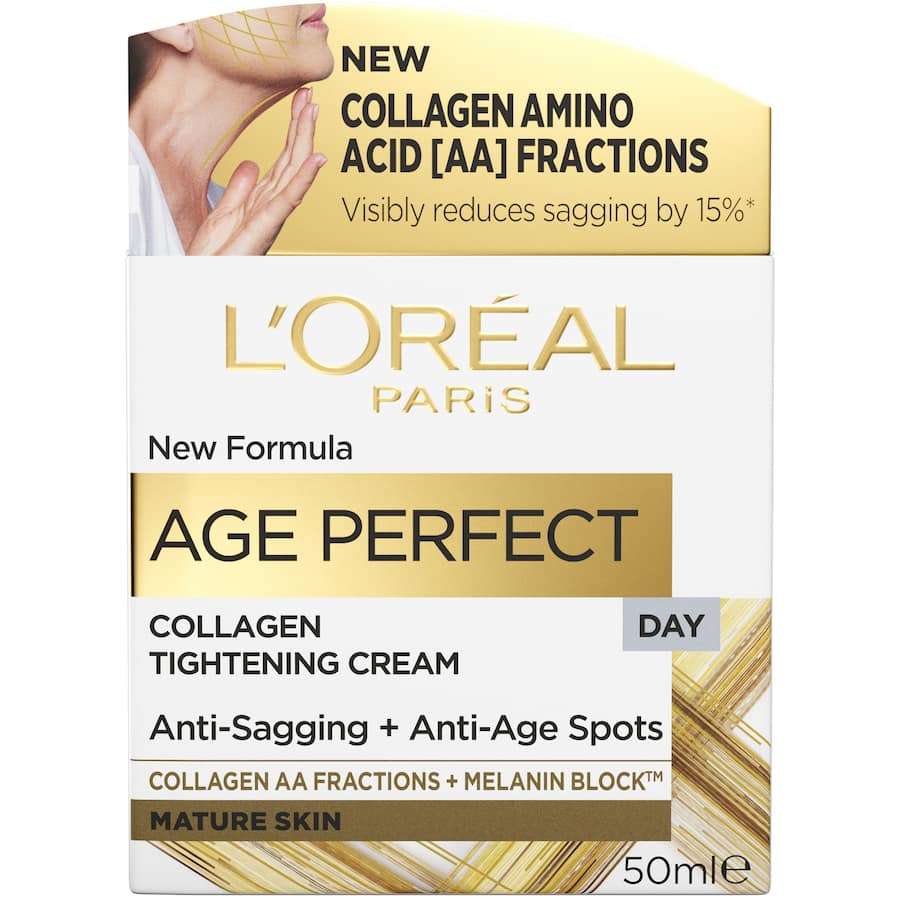 L'Oréal Paris Age Perfect Anti-Aging Cream for mature skin, reduces sagging, age spots, and boosts hydration with soya bean extract.