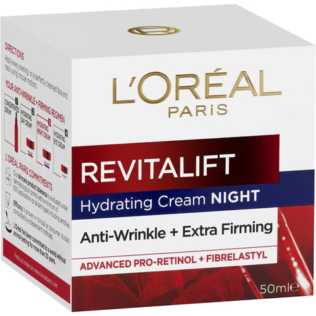 L'Oréal Paris Revitalift Night Cream, a rich anti-wrinkle formula with pro-retinol A for smoother, firmer, youthful skin.