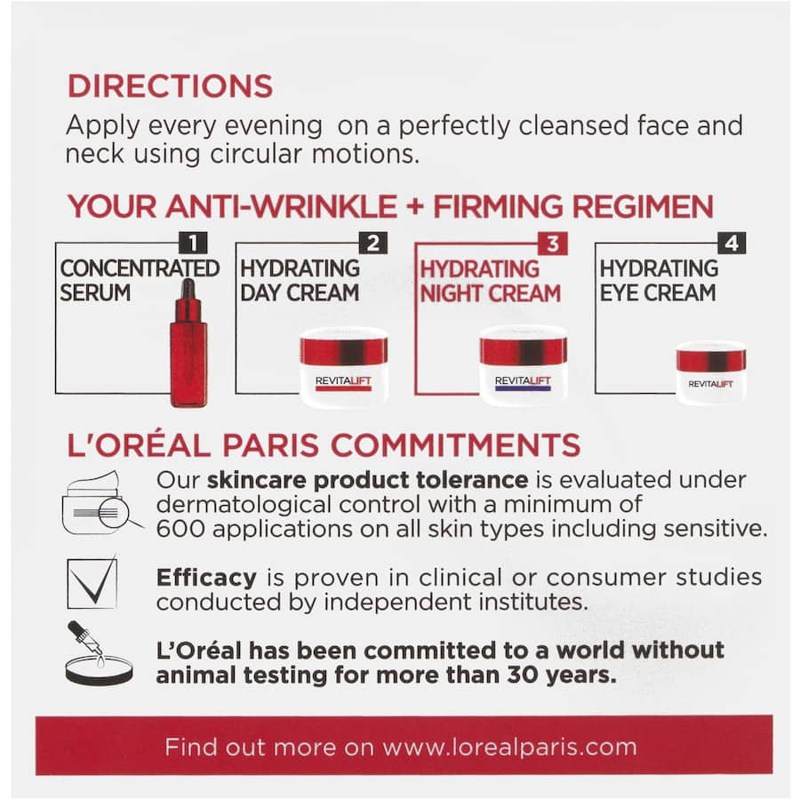 L'Oréal Paris Revitalift Night Cream, anti-wrinkle formula with pro-retinol A for firmer, youthful skin overnight.