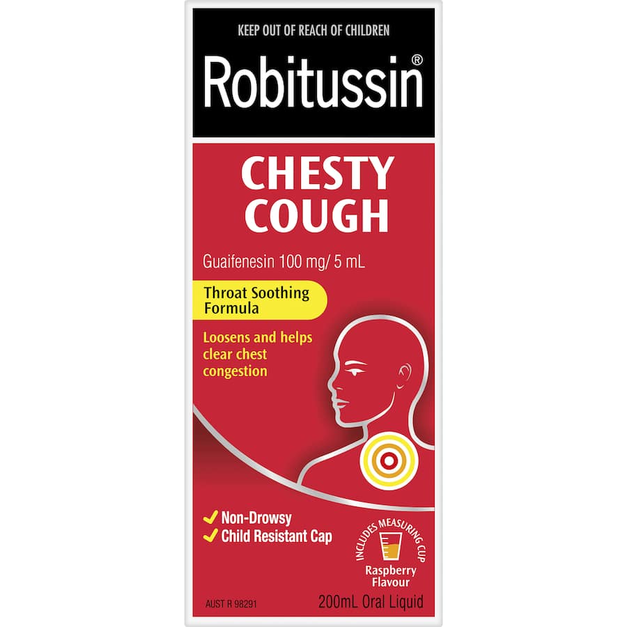 Robitussin Chesty Cough syrup in Raspberry flavor, for non-drowsy relief of chest congestion with child-resistant cap and measuring cup.