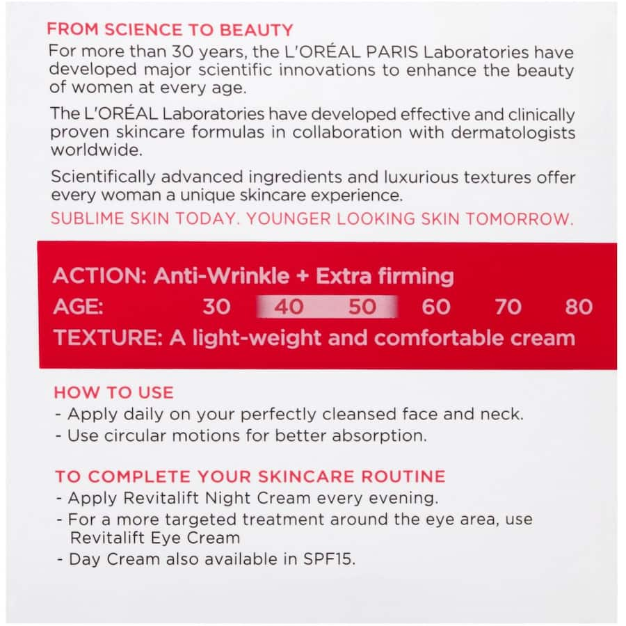 L'Oréal Paris Revitalift Anti-Wrinkle Cream promotes youthful skin with pro-retinol and Fibrelastyl for firm, radiant results.