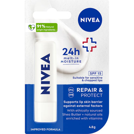 Nivea Lip Care Lip Balm Repair, 4.8g, soothes and hydrates chapped lips with natural ingredients and Vitamin E for healing.