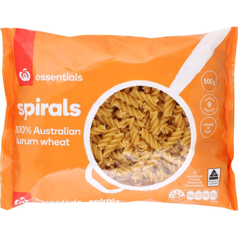 Essentials Pasta Spirals made from 100% Australian durum wheat, perfect for healthy meals and versatile dishes.