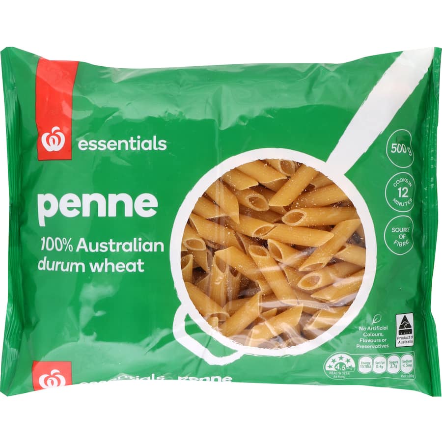 Essentials Pasta Penne made from Australian durum wheat, cooks in 12 minutes, enriched with fiber, and free from additives.