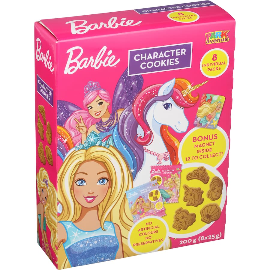 Colorful assortment of Barbie-themed cookies in a beautifully designed box, perfect for parties and special events.