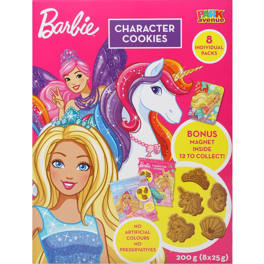 Barbie Cookies Character Box featuring vibrant, themed cookies shaped like beloved Barbie characters for delightful celebrations.