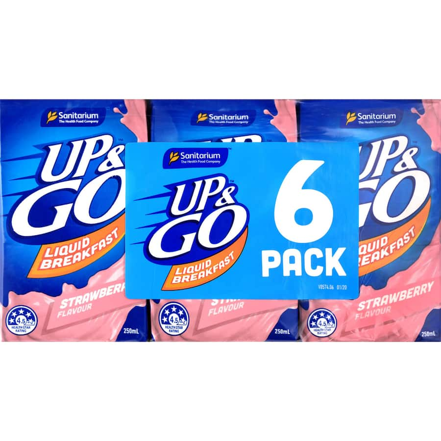 Sanitarium Up & Go Strawberry liquid breakfast, 250ml pack, convenient, nutritious drink for busy mornings.