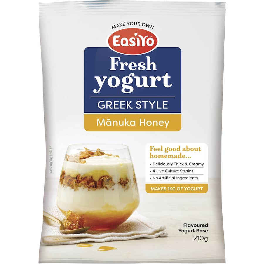 Easiyo Greek Style Yoghurt Base with Manuka Honey, offering creamy sweetness ideal for granola, desserts, or smoothies.