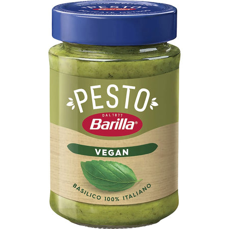 Barilla Pesto Basilico Vegan: rich, dairy-free pesto made with Italian basil and cashew, perfect for pasta, dips, and spreads.