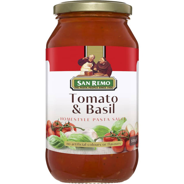 San Remo Pasta Sauce with Tomato and Basil, made from ripe tomatoes and aromatic basil for authentic Italian flavor.