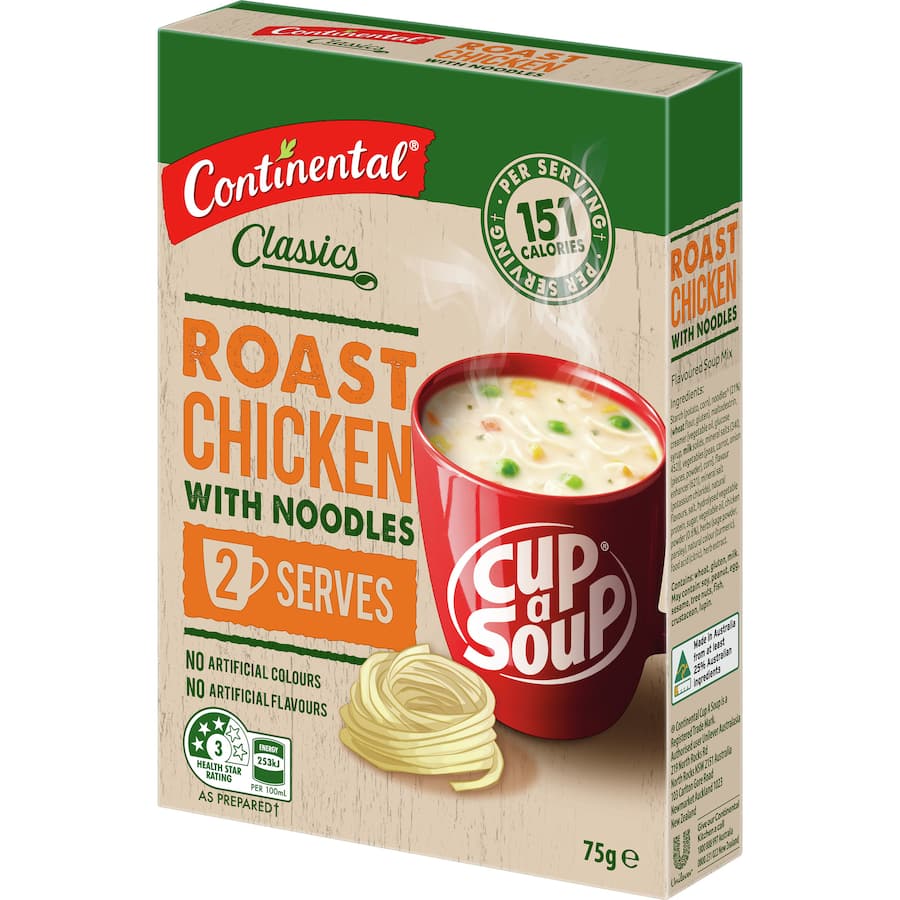 Instant soup packet featuring hearty roast chicken flavor, low-calorie, no artificial additives, easy preparation with boiling water.