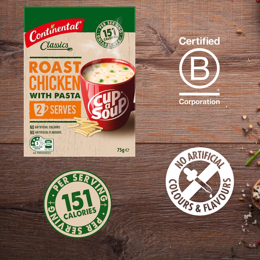 Hearty Continental Cup A Soup featuring rich roast chicken flavor, perfect for a quick, satisfying snack or meal.