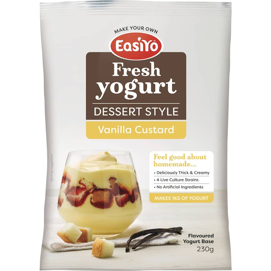 Easiyo Yoghurt Base Vanilla Custard, creamy and sweet, perfect for desserts and indulgent treats.