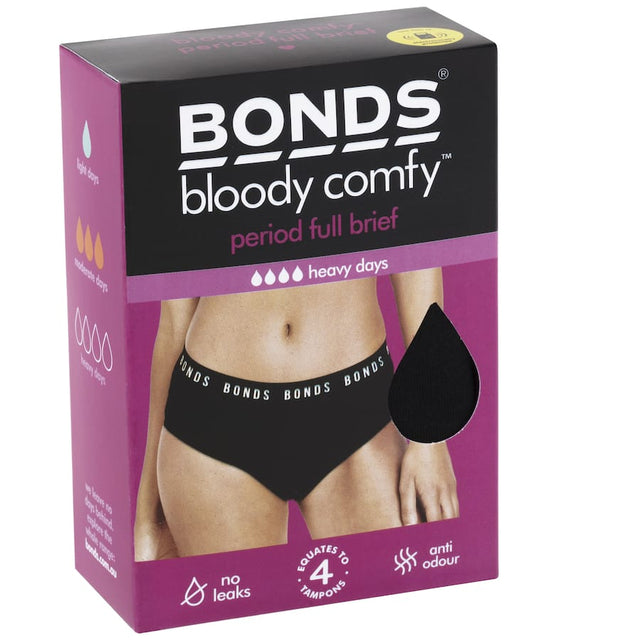 Bonds Bloody Comfy Period Undies Size 12, eco-friendly full briefs offering comfort, absorbency of 4 tampons, and odor-neutralizing tech.