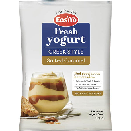 Easiyo Yoghurt Base Greek Style Salted Caramel featuring rich caramel flavor, perfect for creamy homemade yogurt indulgence.