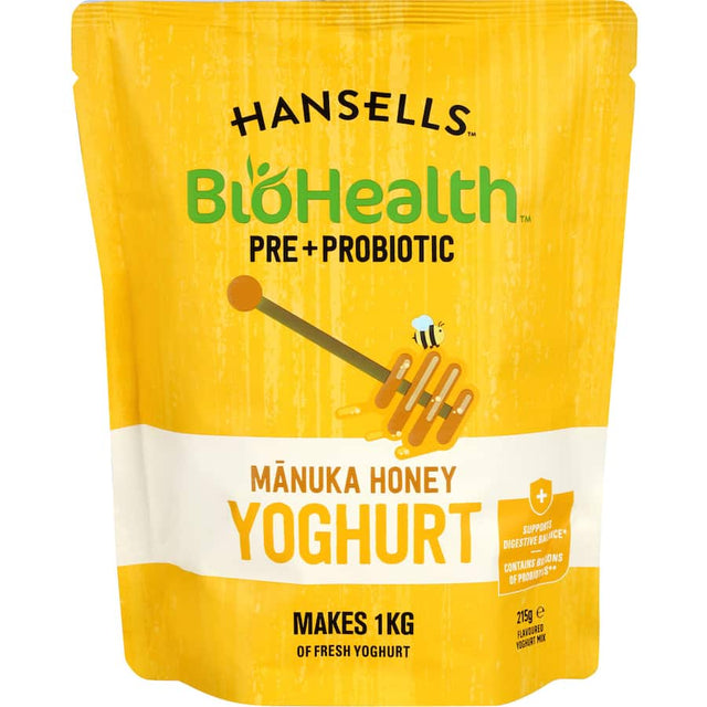 Hansells Biohealth Yoghurt Base with Pre + Probiotic Manuka Honey for gut health and easy homemade yogurt.