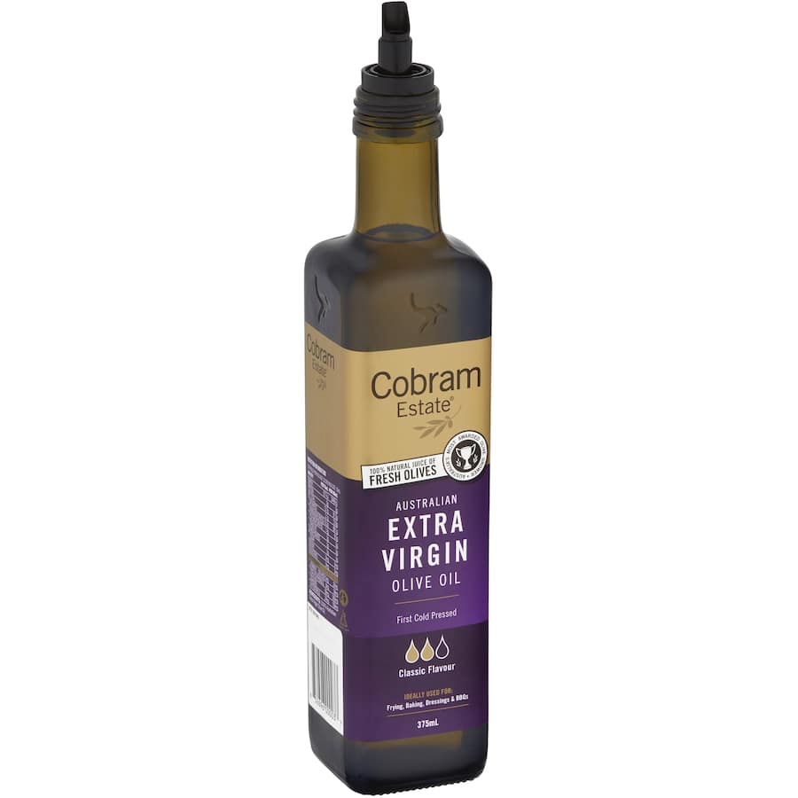 Bottle of Cobram Estate Classic Extra Virgin Olive Oil, showcasing a rich golden hue, perfect for gourmet cooking and flavor enhancement.