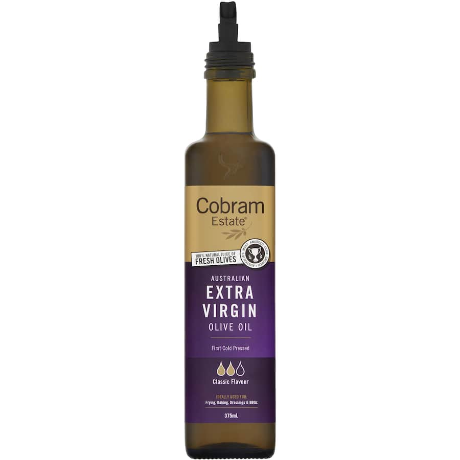 Bottle of Cobram Estate Classic Extra Virgin Olive Oil showcasing its vibrant green color and elegant label, ideal for gourmet cooking.