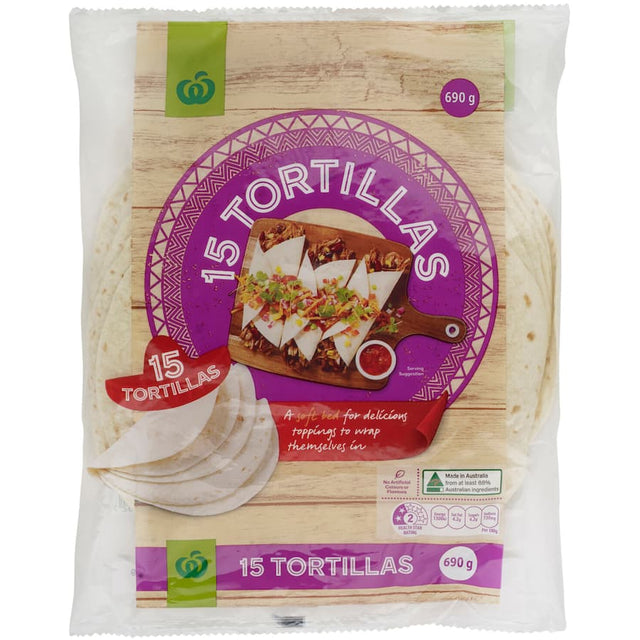 Woolworths Mexican Tortillas Burrito 690g, soft and pliable, perfect for burritos, fajitas, and quesadillas, made in Australia.