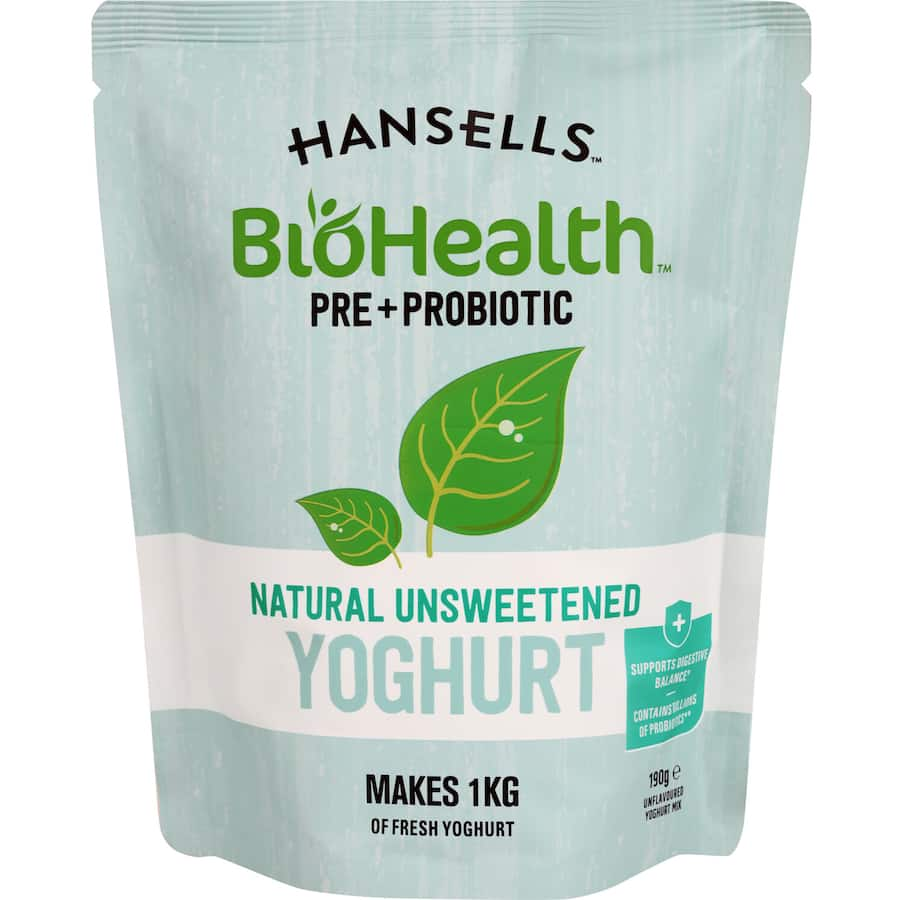 Creamy Hansells Biohealth Yoghurt Base Natural Unsweetened, a versatile prebiotic mix for nutritious meals and snacks.