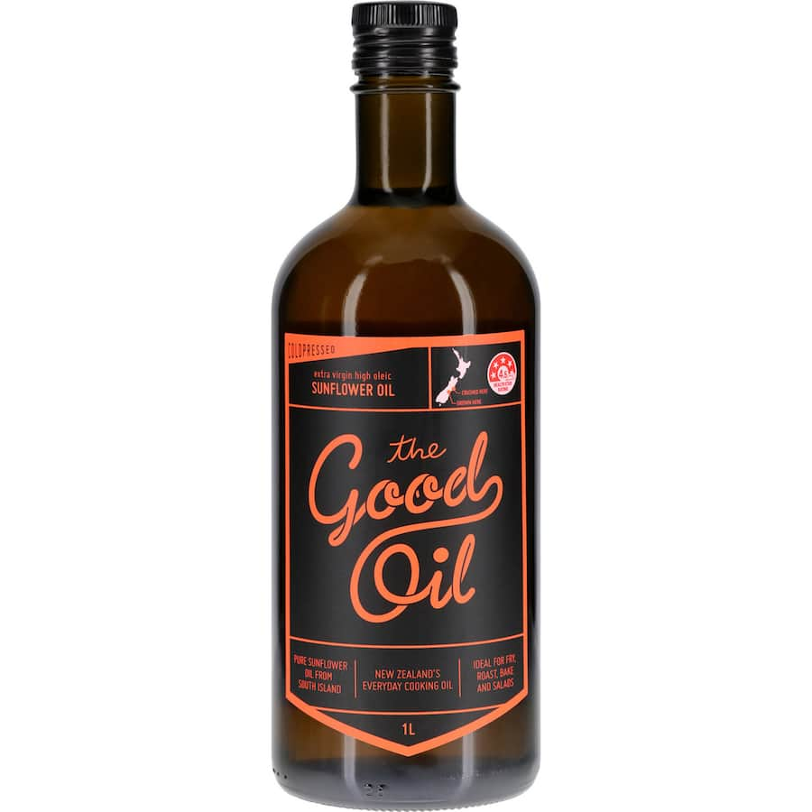 Golden bottle of The Good Oil Sunflower Oil High Oleic, cold-pressed and rich in Vitamin E, ideal for healthy cooking.