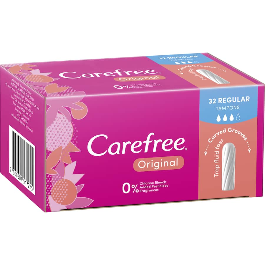 Carefree Tampons Original Regular with curved grooves for optimal fluid management and reliable leak protection, 32-pack.