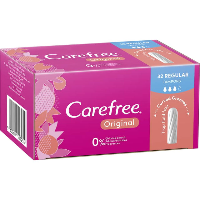 Carefree Tampons Original Regular with curved grooves for optimal fluid management and reliable leak protection, 32-pack.