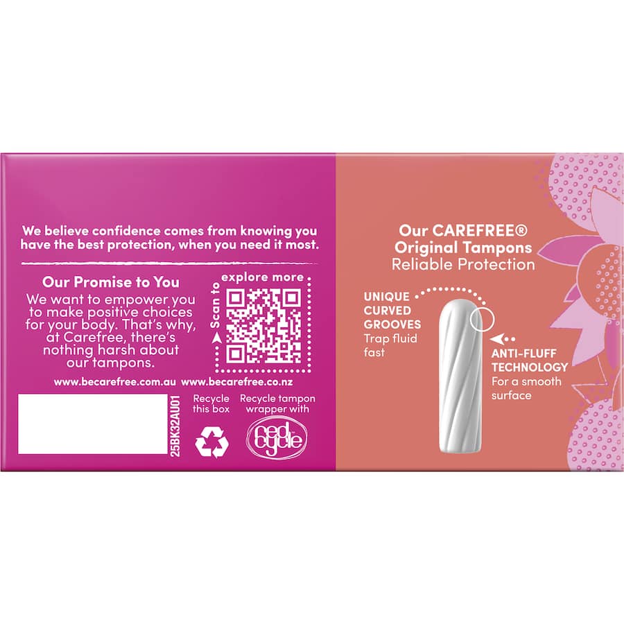 Carefree Original Regular Tampons in pack of 32, designed with curved grooves for reliable leak protection and comfort.