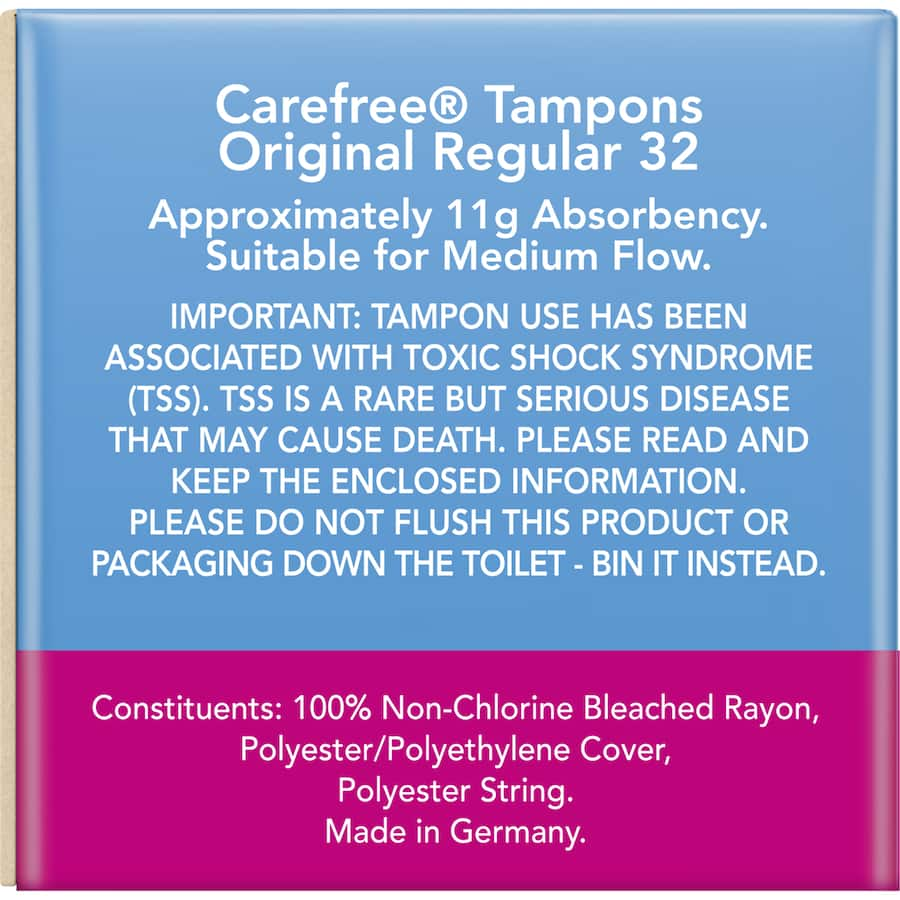 Carefree Original Regular Tampons feature curved grooves for effective fluid absorption and anti-fluff technology for comfort.