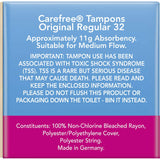 Carefree Original Regular Tampons feature curved grooves for effective fluid absorption and anti-fluff technology for comfort.