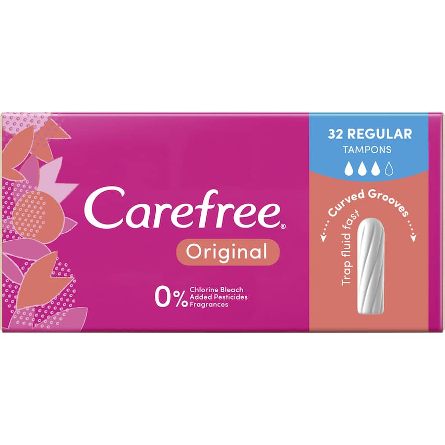 Carefree Original Regular Tampons with curved grooves for reliable leak protection and comfort during medium flow periods.