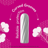 Carefree Original Regular Tampons with curved grooves for optimal fluid management and anti-fluff comfort during menstrual flow.